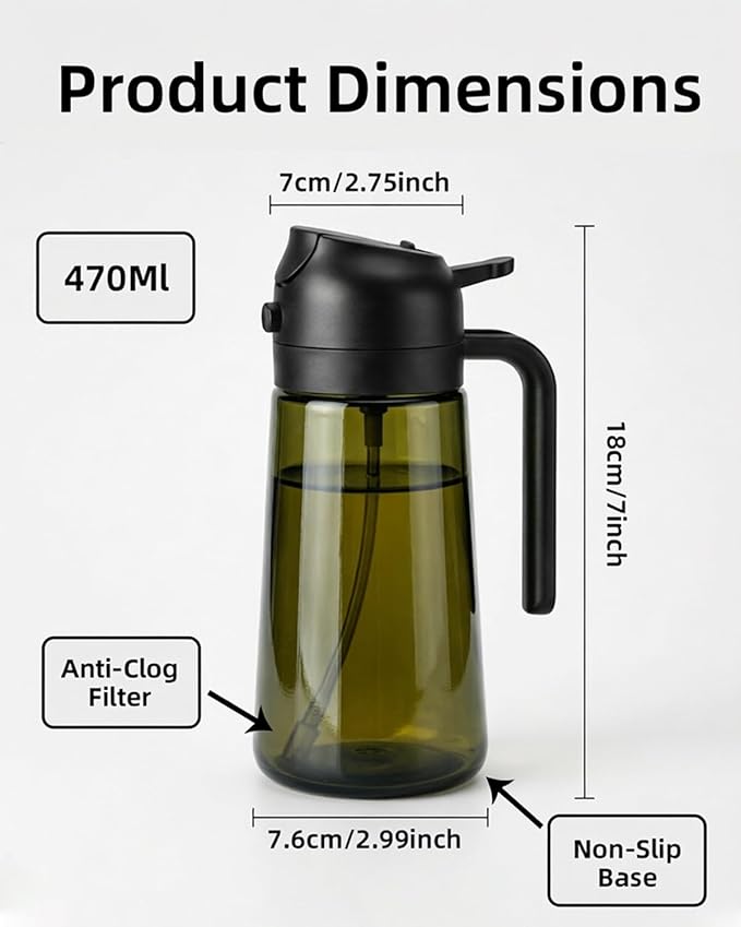 16oz/470ml Oil Sprayer for Cooking, 2 in 1 Oil Dispenser for Kitchen, Olive Oil Sprayer, Food Grade Glass Bottle for Kitchen Gadgets, Air Fryer Accessories, Salad, BBQ (Black)