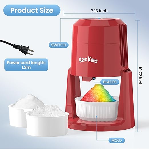 Professional Shaved Ice Machine: RX03 Electric Snow Cone Maker & ICEE Machine for Home, 60W Power, 120V Universal Voltage, Create Fluffy Ice Snow Cones, Slushies and Frozen Treats-Red (Red)