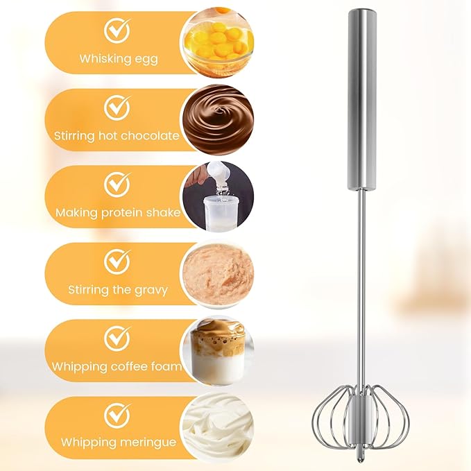 HANSGO Stainless Steel Egg Whisk, 12 Inch Semi Automatic Whisk Blender for Home, Versatile Milk Frother, Hand Push Mixer Stirrer for Blending, Whisking, Beating & Stirring