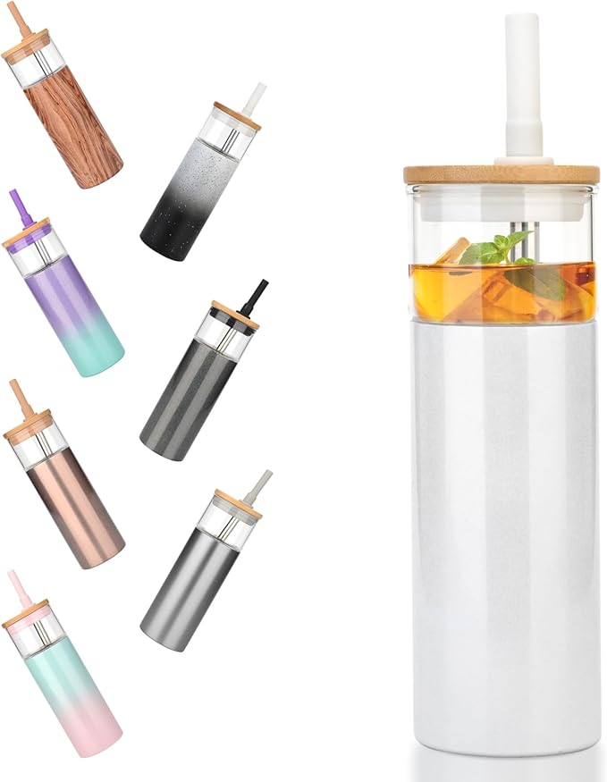 Tronco 20 oz Vacuum Insulated Glass Tumbler with Lid and Straw - Keeps Drinks Cold for 12 Hrs - Reusable Glass Cup for Iced Coffee, Smoothies & Boba - Sweat & BPA Free, Dishwasher Safe, Fit Car Holder