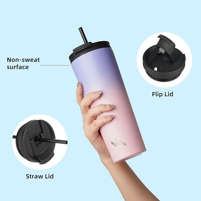 Konokyo 22 OZ Insulated Tumbler with Lid and 2 Straws Stainless Steel Water Bottle Vacuum Travel Mug Coffee Cup,Pastel Sunset