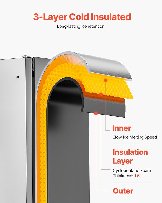 VEVOR Undercounter Built-in Ice Maker, 66 Lbs/Day Under Counter Nugget Ice Maker Machine with Reversible Door, Stainless Steel Freestanding Ice Maker for Commercial Home Kitchen, Electric Drainage