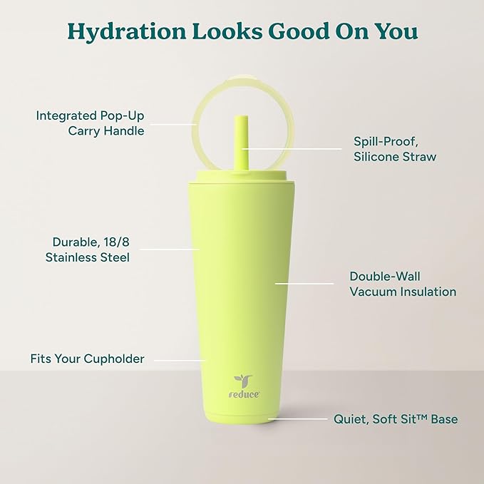 REDUCE Halo 32 oz Stainless Steel Vacuum Insulated Tumbler - Spill Proof Travel Mug with Flip Handle Lid - Keeps Drinks Cold for 32 Hrs - Dishwasher Safe - Cupholder Friendly - Mojito
