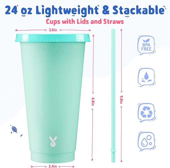 Meoky Plastic Cute Cold Cups with Lids and Straws Bulk for Iced Coffee - 6 Pack 24 oz Color Changing Reusable for Adults Kid Women Party