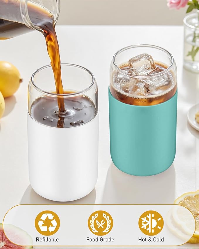 sungwoo Glass Cups with Lids and Straws, 4 Pack 16OZ Iced Coffee Cups with Silicone Sleeve, Glass Tumbler with Straw and Bamboo Lid, Home Essential Drinking Set for Juice, Cocktail and Tea White&Green