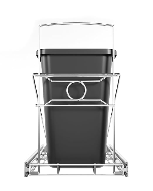 Pull Out Trash Can Under Cabinet Adjustable Trash Can Holder for 7 to 11 Gallon Bin Bottom Mount Slide Out Trash Rack for Narrow Cabinets(Silver, No Bin Included)