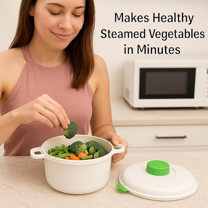 Microwave Pressure Cooker Steamer – 2.8L BPA-Free Microwave Rice & Vegetable Cooker – Quick Healthy Meals for Meats, Fish, Poultry – With Rice Spoon & Measuring Cup – Fast Dinner Solution