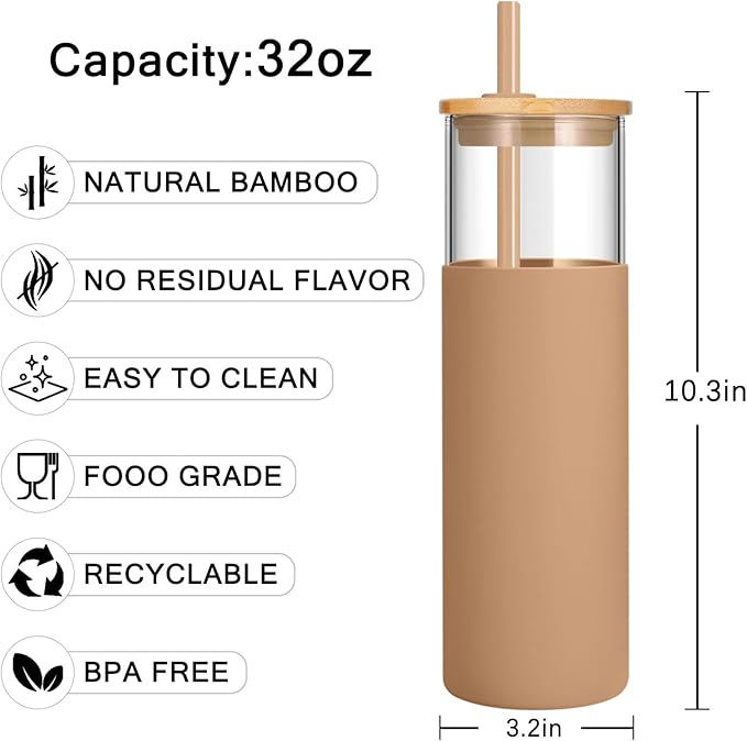 Tronco 32 oz Glass Tumbler with Lids and Straw, Reusable Iced Coffee Cup & Smoothie Cup with Bamboo Lid, Silicone Sleeve, Dishwasher Safe, BPA-Free Borosilicate Glass, 1 Pack