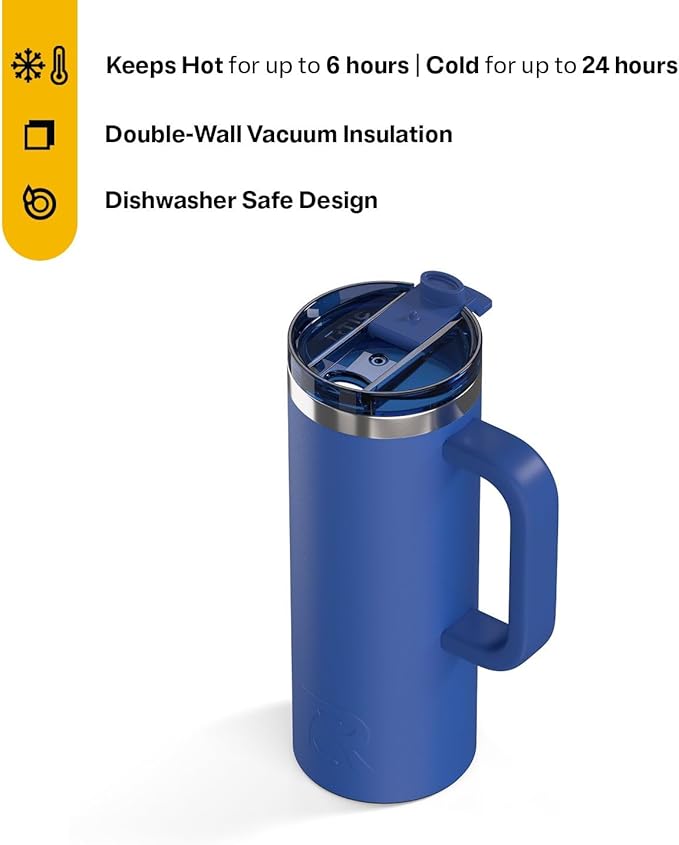 RTIC 20oz Road Trip Travel Mug with Lid and Handle, Ceramic Lined, Insulated, Stainless Steel, Metal, Double Wall Vacuum-Insulation, Portable Coffee, Tea Cup for Hot and Cold Drink, Cobalt