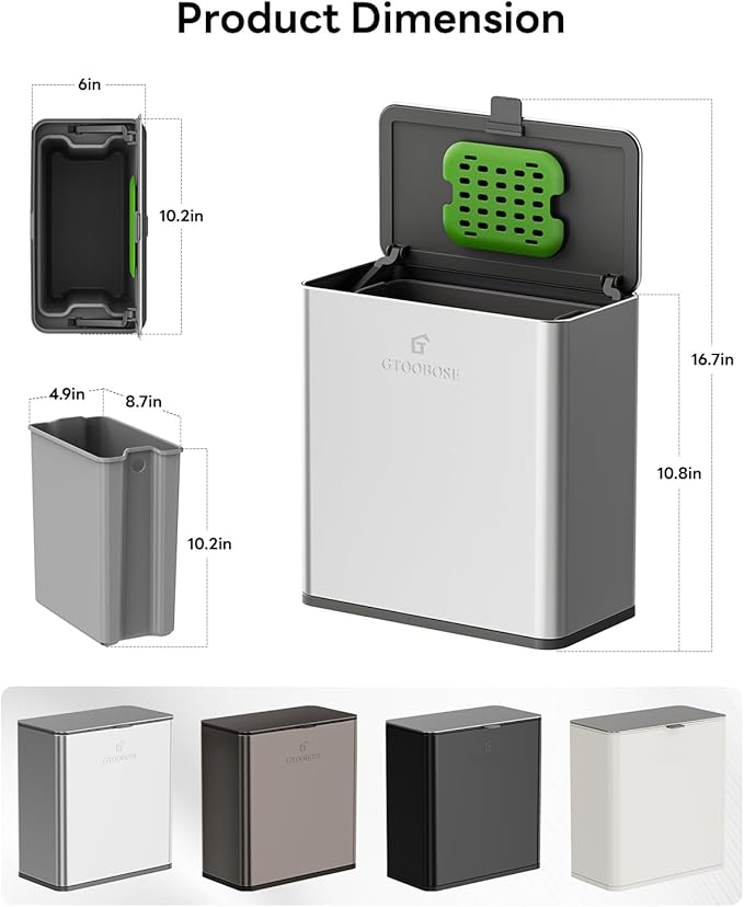 Kitchen Compost Bin, 8L/2.1G Small Trash Can with Lid, Slim Stainless Steel Hanging Garbage Bin for Kitchen, Bathroom, Bedroom, Office, Wall Mounted Compost Bin with Inner Bucket, Silver