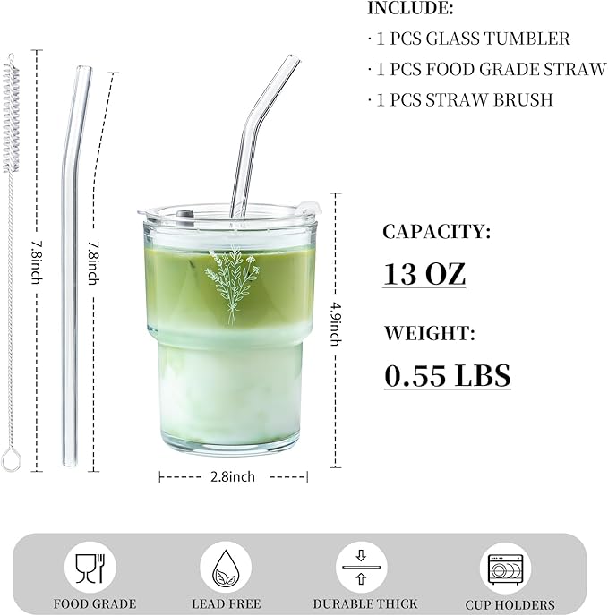 Olvini 13oz Glass Tumbler with Straw and Lid, Reusable Iced Coffee Cup Tumbler, Cute Glass Cups for Water, Matcha, Travel Coffee Mugs (Wildflower- 13oz)