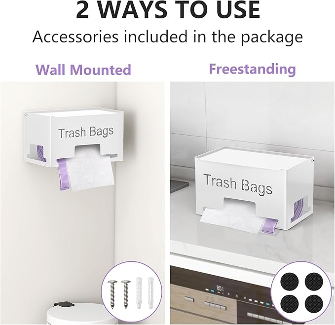 STWWO Extra Large Trash Bag Holder Dispenser, Metal Garbage Bag Dispenser Roll Holder, Trash Storage Organizer for Kitchen Laundry Room Under Sink, Wall Mounted or Freestanding, White