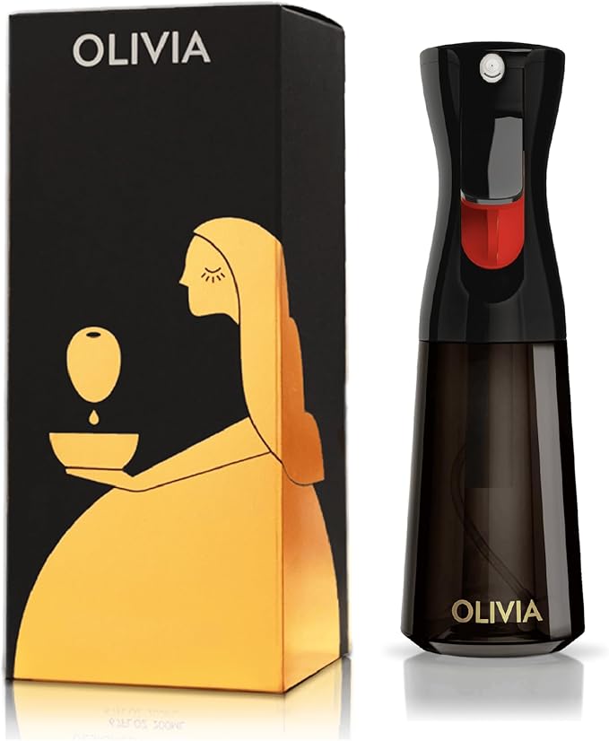 OLIVIA SIGNATURE The Original Advanced Kitchen Olive Oil Sprayer for Cooking, Flairosol Continuous Mist Dispenser with Portion Control, Reusable Glass Spray Bottle, Anti-Drip & Leakproof, Black 200 ml