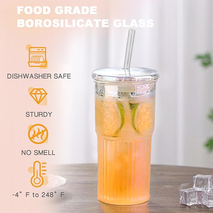 JunVpic Glass Cups with Lids and Straws, 20 OZ Multi Iced Coffee Glasses Tumblers for Ice Water, Juice, Tea, Milk, Smoothie and Cold or Hot Drinks, Set of 2