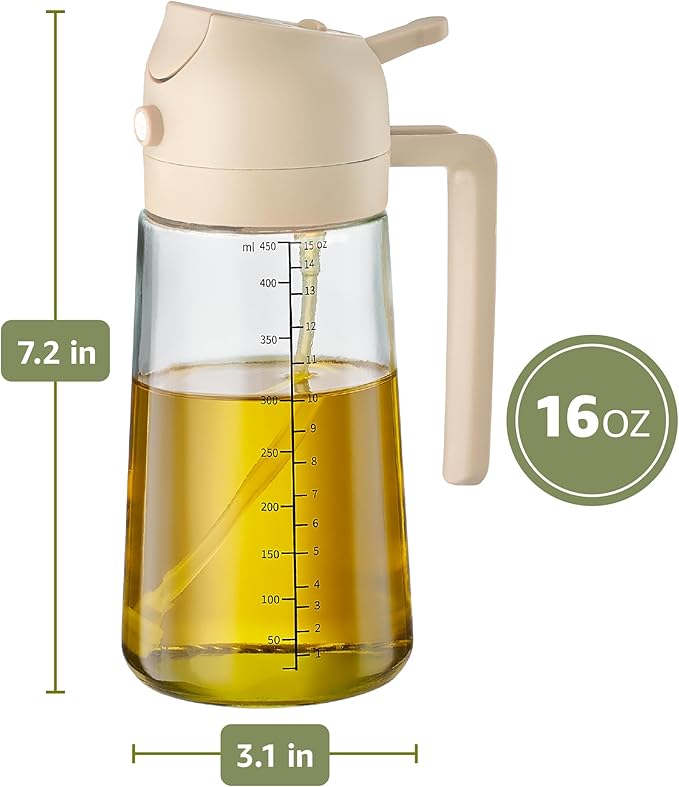 FineDine 16oz Olive Oil Sprayer for Cooking, 2 in 1 Olive Oil Dispenser Bottle for Kitchen, Air Fryer, Salad, BBQ & Baking – Dual Spray Mist & Stream, with Measurement Marks, White