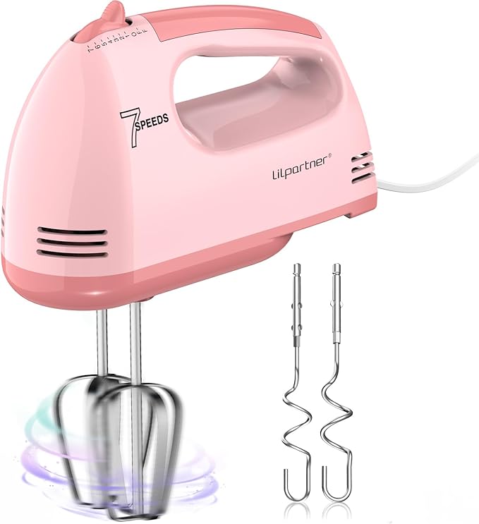 LILPARTNER Hand Mixer Electric, Small Food Mixer 7 Speeds Handheld Blender, 304 *(2* Beater, 2*Dough Hook) Kitchen Blender for Cream, Cookies, Dishwasher Safe