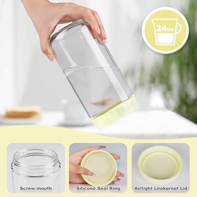SHOWIN Overnight Oats Containers with Lids, 24oz Glass Jars with Lids 2 pcs, Milk White, Wide Mouth Mason jars for Salad, Yogurt, Snacks, Meal Prep