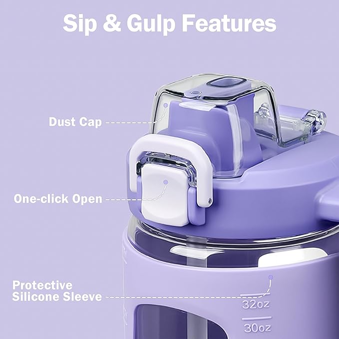 32oz Glass Tumbler with Straw Handle and 2-IN-1 Sip & Spout Lid, Reusable Iced Coffee Cup for Smoothie, Matcha, Leakproof Glass Water Bottle with Straw and Silicone Sleeve, BPA Free-Purple
