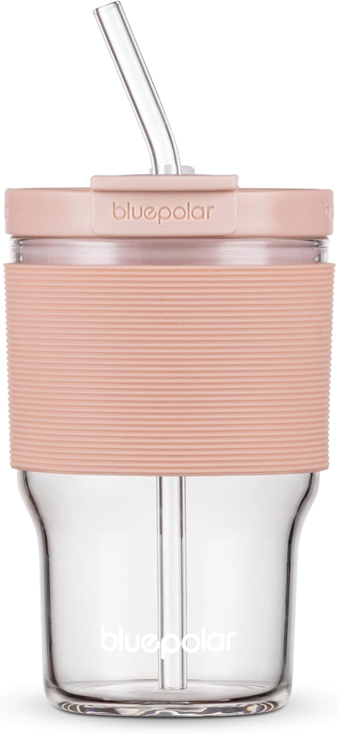 Glass Juice Bottles with Lids and Straws,16oz/480ml Reusable Iced Coffee Glasses,Cold Brew Tumblers with Leakproof Lids,BPA-Free Glass Jars for Juicing,Matcha,Tea,Smoothie (Pink with Sleeve)