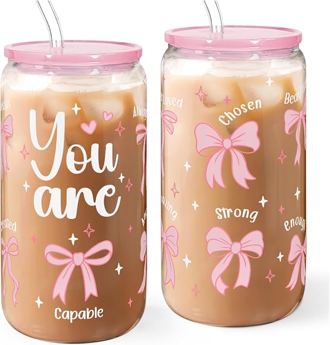 SANDJEST Christian 16oz Can Glass Tumbler with Acrylic Lid & Straw, Iced Coffee Cup for Women Girls, Aesthetic Cups Gifts for Birthday Christmas