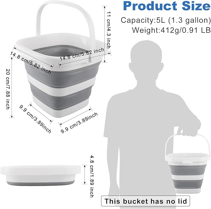 Car Wash Bucket 5L, Collapsible Bucket for Cleaning Supplies, Folding Mop Buckets Water Storage Containers for Camping Gardening Finishing Beach Outdoor RV Sink Wash Basin Ice Tub Swamp Emergency Prep