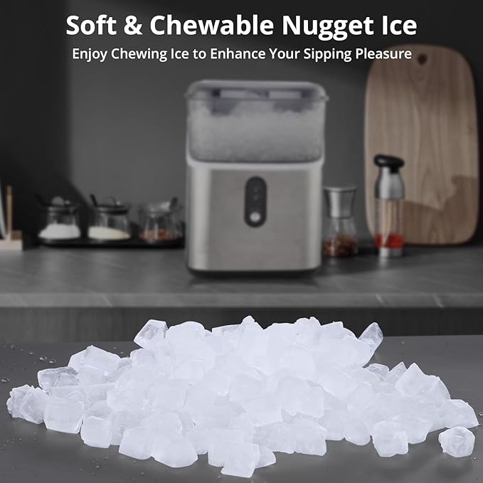 Nugget Ice Maker 36Lbs/24H Countertop Chewable Ice Machine, Self-Cleaning, Low Noise Stainless Steel Soft Ice Cubes Machine for for Home, Office, RV (Silver)