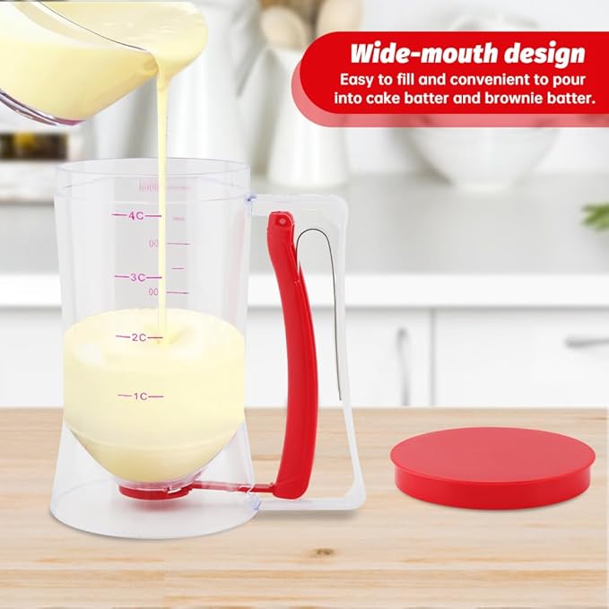 4 Cup Pancake Batter Dispenser With 1 Cupcake Batter Dispenser Scoop, Pancake Maker with Measuring Label And Squeeze Handle,for Pancakes, Cupcake, Waffle, Muffin Mix(red)