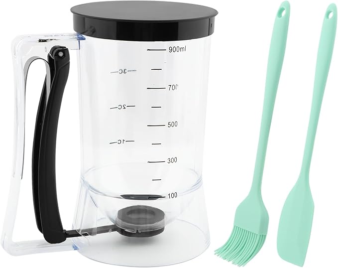 Pancake Batter Dispenser with Squeeze Handle, Cupcake Batter Dispenser with Oil Brush & Scraper for Precise Portion Control, Baking Tool for Pancakes Cupcake, Waffle, Muffin Mix