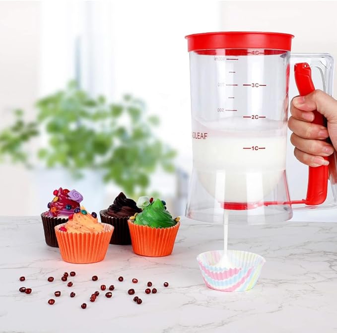 Leilanis Breadleaf Batter Dispenser for Pancakes, Waffles, Cookies, Cakes, Set 6 pcs Griddle BreakFast Kit Egg Rings and Oil Brush 4 Cup Capacity (Red)