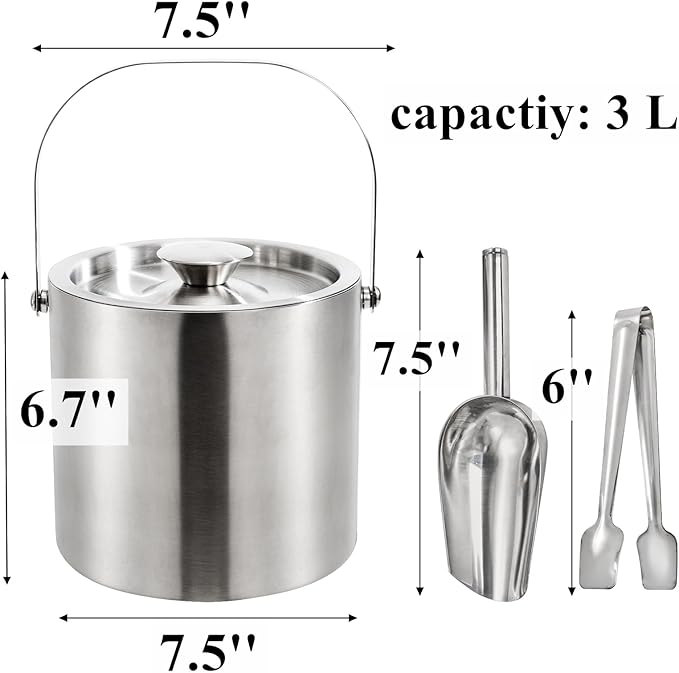 Tebery Stainless Steel Insulated Ice Bucket with Lid and Tong Double Walled Silver Barware Serveware for Parties Events Gatherings - 6.7H x 7.5W Inches