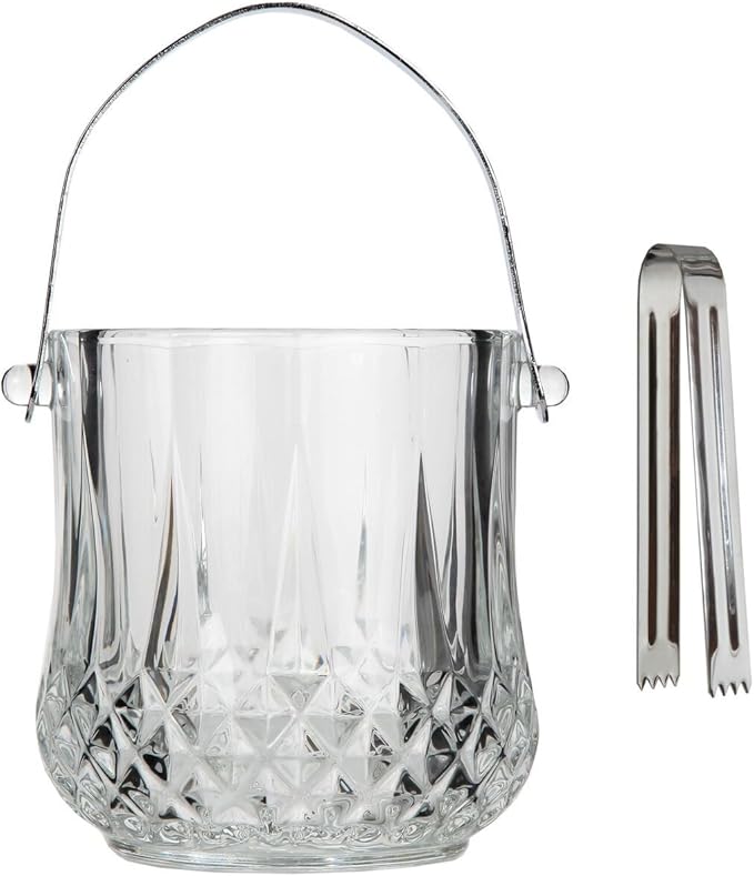 Lily's Home 1000ml -4.62" L x 4.62" W x 8.5" H - Glass Ice Bucket with Handle and Stainless Steel Tongs, Sparkling Ice Buckets, for Party,Wine Home Bar, Beer, Champagne, Cocktail Bar, Mini & Portable
