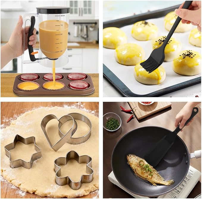 Pancake Batter Dispenser With Squeeze Handle Set, No Mess & Easy Pour, Includes Muffin, Hexagram, Heart and Flower Rings, Pastry Brush and Spatula – Ideal for Pancakes, Waffles and Cupcakes