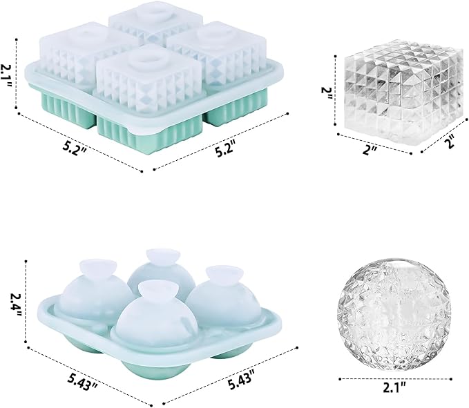 Silicone Diamond Ice Cube & Crystal Ice Ball Mold Set (2-Pack) for Whiskey - 2 Separate Trays for Bourbon and Cocktails, Reusable & Leak-Proof