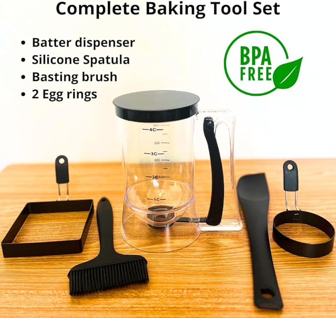Complete Pancake & Cupcake Batter Dispenser Set - 4 Cup Capacity with Silicone Spatula, Basting Brush & Egg Rings - BPA Free All-In-One Breakfast & Baking Kitchen Tool for Home Cooking