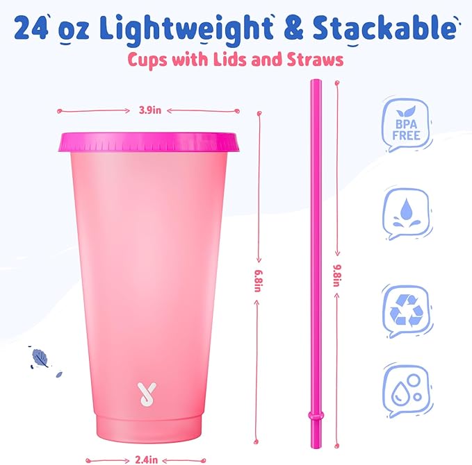 Meoky Plastic Cups with Lids and Straws - 12 Pack 24 oz Color Changing Cups, Iced Coffee Cups, Reusable Tumblers Bulk for Party, Car, Adults, Women, BPA-free (Solid & Patterned)