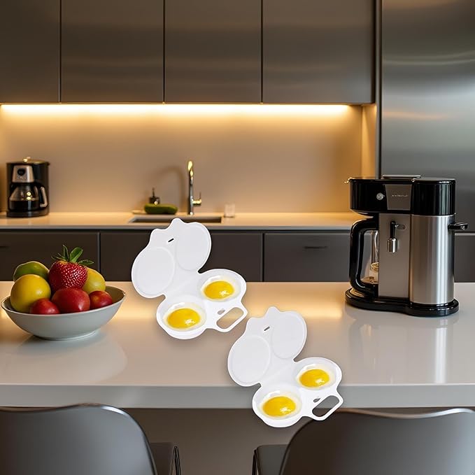 2Pcs White Egg Poacher, Microwave Egg Boiler Poacher, 2 Cavity Nonstick Poached Egg Maker With Lid, Egg Poacher Microwave Egg Cooker, Double Drain Poached Egg Cups Cookware（13 * 5cm）