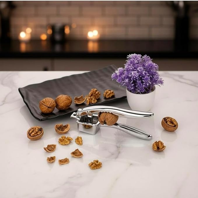 4-in-1 Stainless Steel Finish Garlic Press, Crusher, Mincer, Nut Cracker, Herb Plucker, Bottle Opener, Zinc Alloy Kitchen Tool