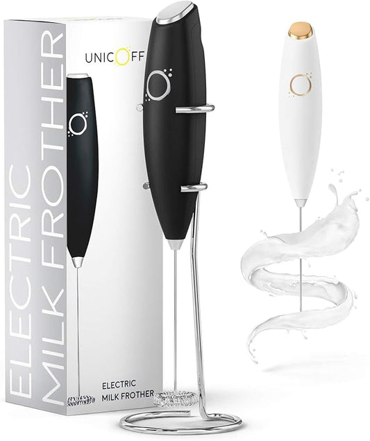 Unicoff Handheld Milk Frother with Stand – Electric Milk Frother for Coffee, Latte, Cappuccino & Matcha – Battery Operated Drink Mixer, BPA-Free Stainless Steel Whisk, Portable Mini Foam Maker (Black)