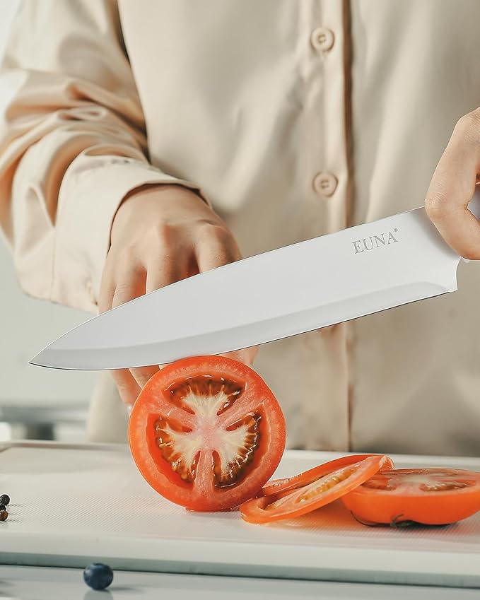 EUNA Knife Block Set, 19 PCS White Kitchen Knife Set with Acrylic Block and Sharpener, German High-Carbon Stainless Steel Knife Sets with 6 Serrated Steak Knives, Chef Knife, Dishwasher Safe