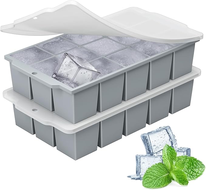 Silicone Ice Cube Tray with Locks Lids, Easy Release Flexible 15 Square Ice Trays for Freezer, Stackable & Reusable Ice Cube Mold for Whiskey, Cocktails, Baby Food, BPA Free, 2 Pack (Gray)