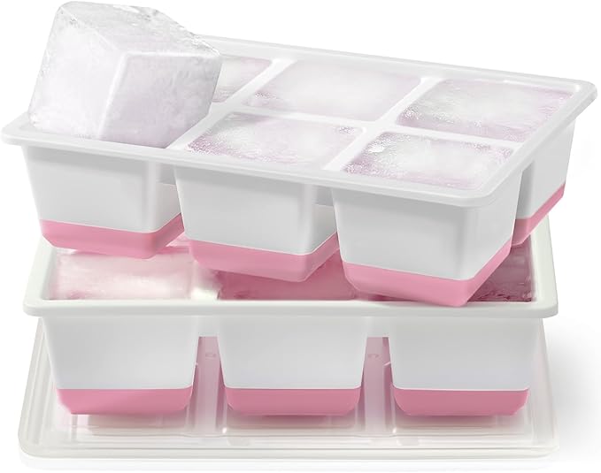 Large Ice Cube Trays 2 Pack, Easy Release 2.4" Big Ice Cubes, Stackable Ice Trays for Freezer, Silicone Cocktail, Whiskey Ice Cubes Mold with Lid, Dishwasher Safe - BPA Free