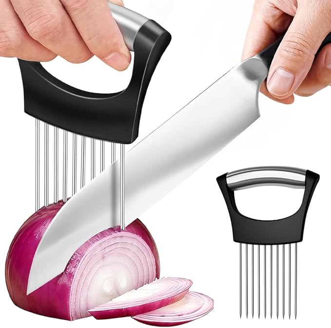 Onion Holder for Slicing, Stainless Steel Vegetable Slicer Cutter, Multifunctional Onion Slicing Tool for Tomato, Potato, Lemon, Meat, Easy Home Kitchen Chopper Assistant (1 Pack)