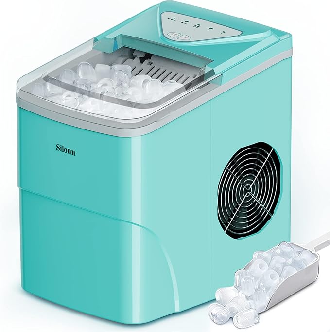 Silonn Ice Makers Countertop, 9 Cubes Ready in 6 Mins, 26lbs in 24Hrs, Self-Cleaning Ice Machine with Ice Scoop and Basket, 2 Sizes of Bullet Ice for Home Kitchen Office Bar Party, Green