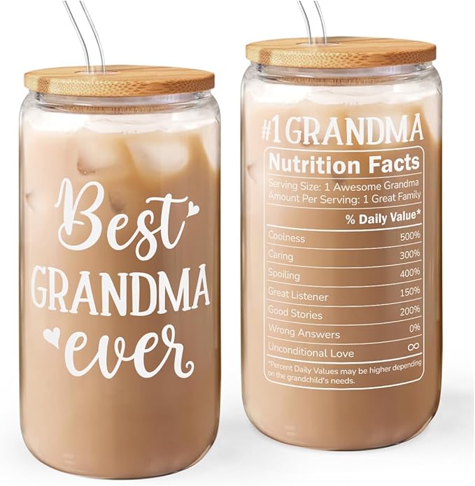 SANDJEST Grandma 16 Oz Can Glass Tumbler with Bamboo Lid and Straw - Iced Coffee Cups for Women, Aesthetic Glass Cup Gift for Grandmother Nana Birthday Christmas Mother's Day