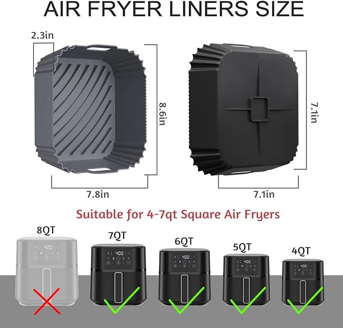 Air Fryer Silicone Liners 2 Pack, Reusable Square Air fryer Basket Liners, 4-6Qt Silicone Baking Tray for Instant Air fryer, Oven Microwave Pot Accessories, Food Grade Kitchen Gadgets