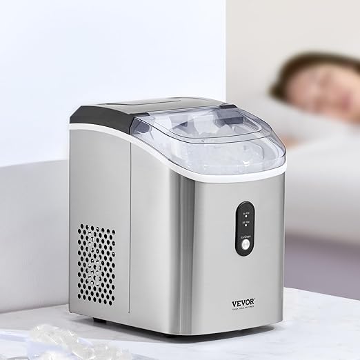 VEVOR Nugget, 33lbs/24H Pebble Ice Maker with Self Cleaning, Chewable Ice Maker with Ice Scoop & Basket, Stainless Steel Ice Machine with Transparent Lid for Home Kitchen Office Bar Party