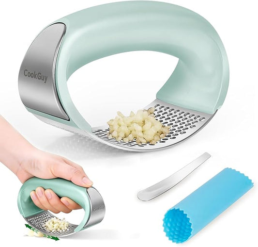 Cook Guy 304 Stainless Steel Garlic Press Rocker Set - Premium Garlic Mincer, Crusher, Peeler, and Scraper Tool for Effortless Mincing - Comfortable Grip Garlic Grinder (Green)