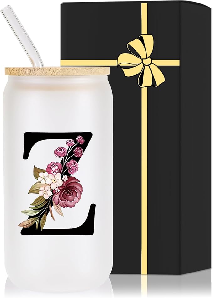 Wulcea Monogrammed Glass Drinking Cup With Lid Straw Women Men Teacher Female Male Preschool Kindergarten Pre K Prek Middle High School First Year 1st 2nd 3rd 4th 5th Grade Gifts,Z