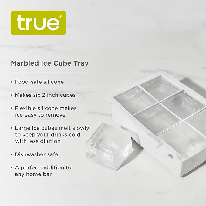 True Marble Ice Cube Tray, Extra Large Silicone Ice Mold for 2 Inch Cubes, Perfect for Whiskey, Cocktails, Mixed Drinks, Iced Tea, and Beverages, Kitchen & Home Bar Gifts, Housewarming Party, Set of 1