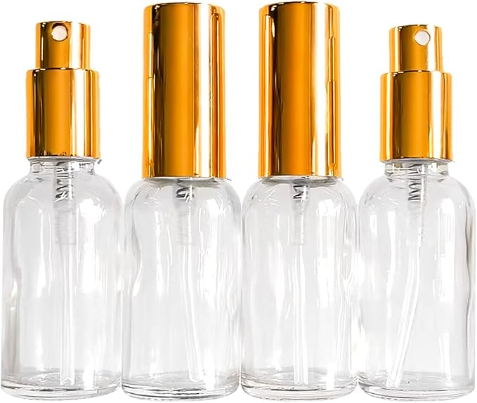 12 Pack 1oz Clear Glass Spray Bottles for Essential Oils, Small Spray Bottle, Fine Mist Spray, Gold Sprayer,for Travel Perfume, Hair & Cleaning